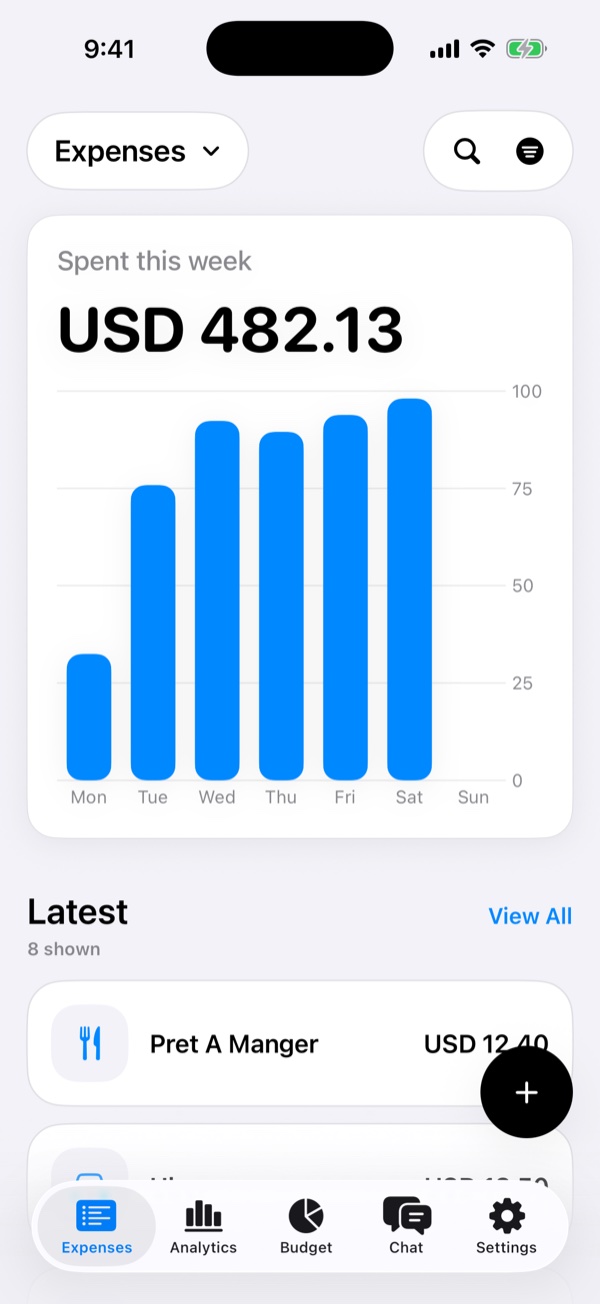 SyncFlo expense screen with a weekly spending chart and fictional purchases.